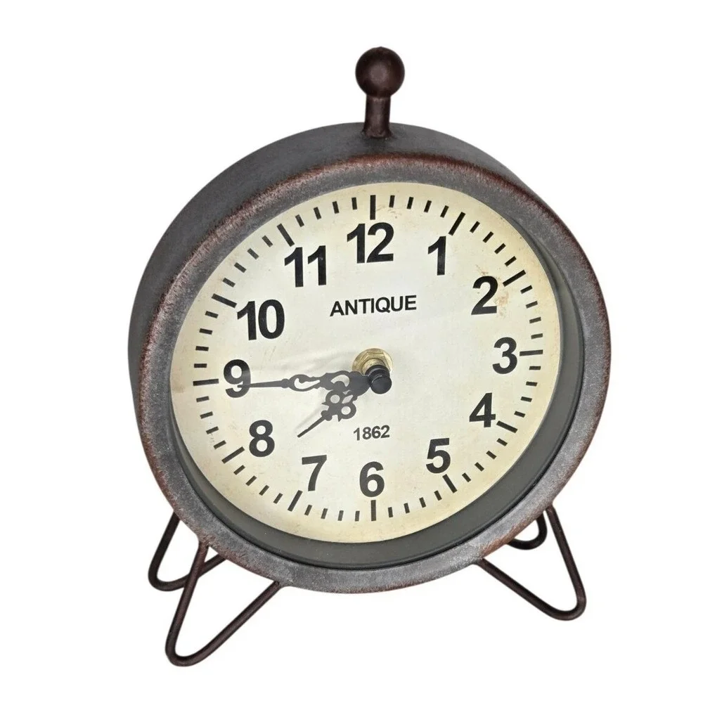 Antique‎ Round Tabletop Silver Galvanized Metal Mantel Clock Farmhouse Rustic